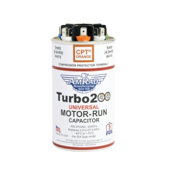 AMRAD TURBO200 Universal Capacitor, 2.5 to 67.5 uF MFD, 440/370 V, Round, Single Run Capacitor, 2-1/2 in Dia, 4.9 in H