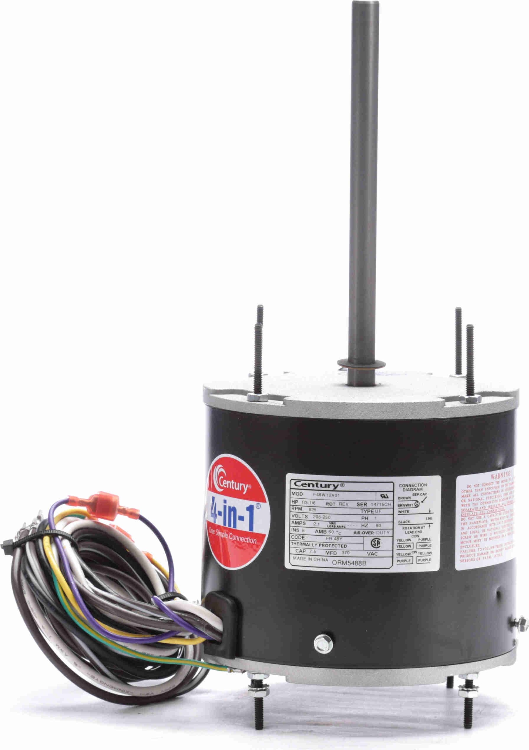 Regal Beloit EPC Inc ORM5488B Century 4-in-1 1/8-1/3 HP 1-Speed PSC Condenser Fan Motor - 825 RPM, 208/230V, 1 ph, Reversible