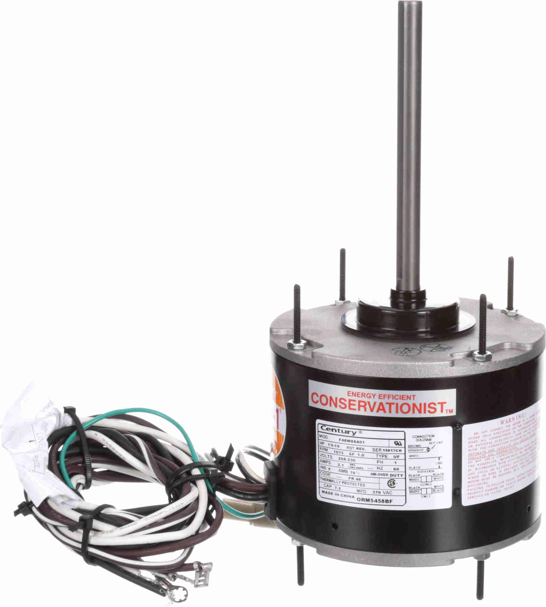 Regal Beloit EPC Inc ORM5458BF Century 4-in-1 1/6-1/3 HP 1-Speed PSC Condenser Fan Motor - 1,075 RPM, 208/230V, 1 ph, Reversible